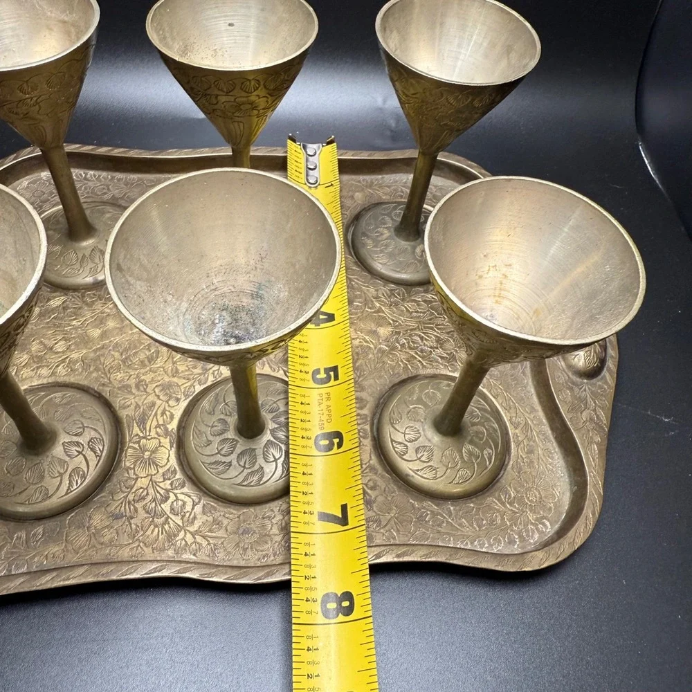 Vintage Brass Shot‎ Glasses Set with Etched Tray Made in India